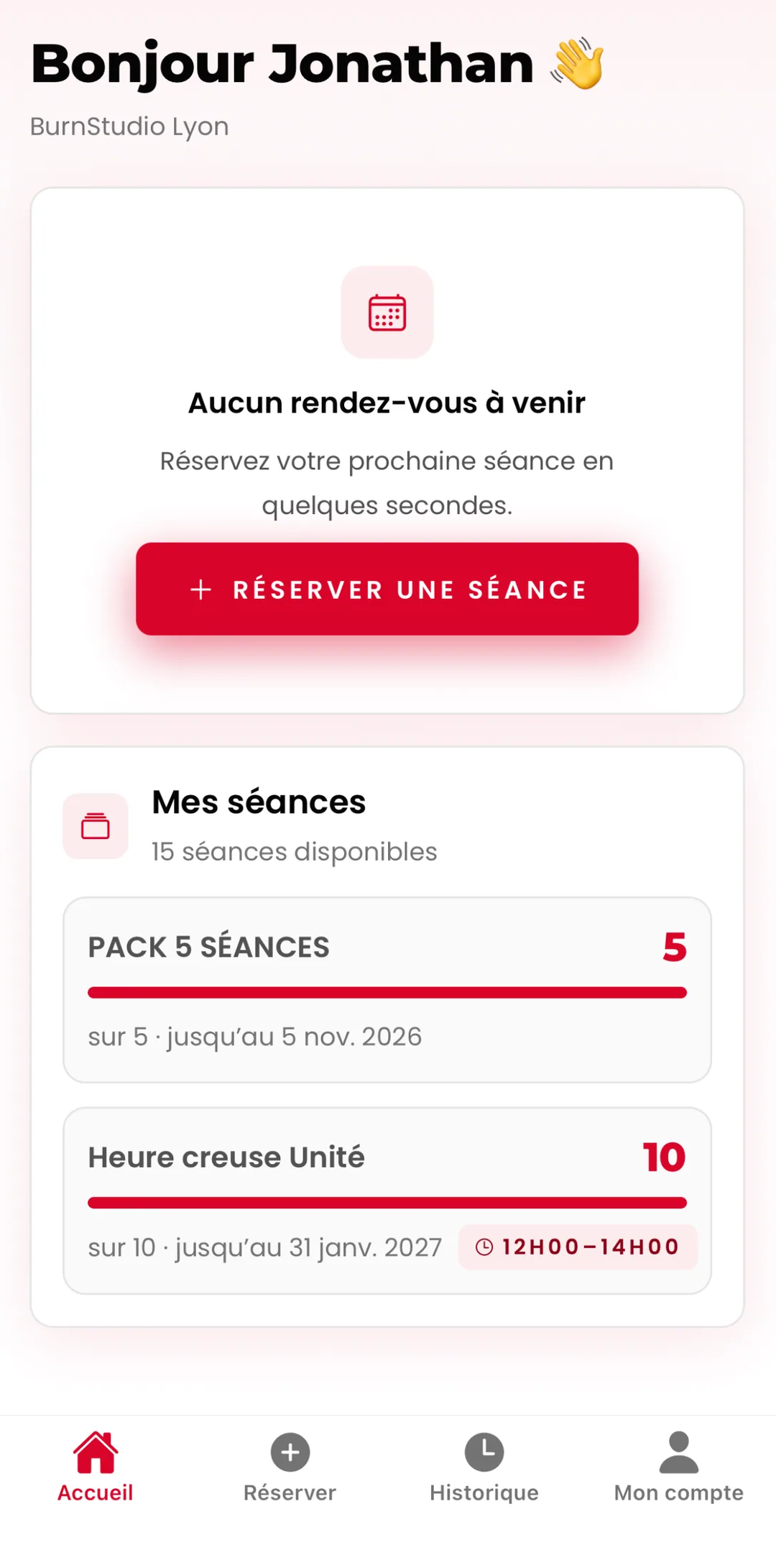 Application BurnStudio+ : séances restantes et prochains rendez-vous