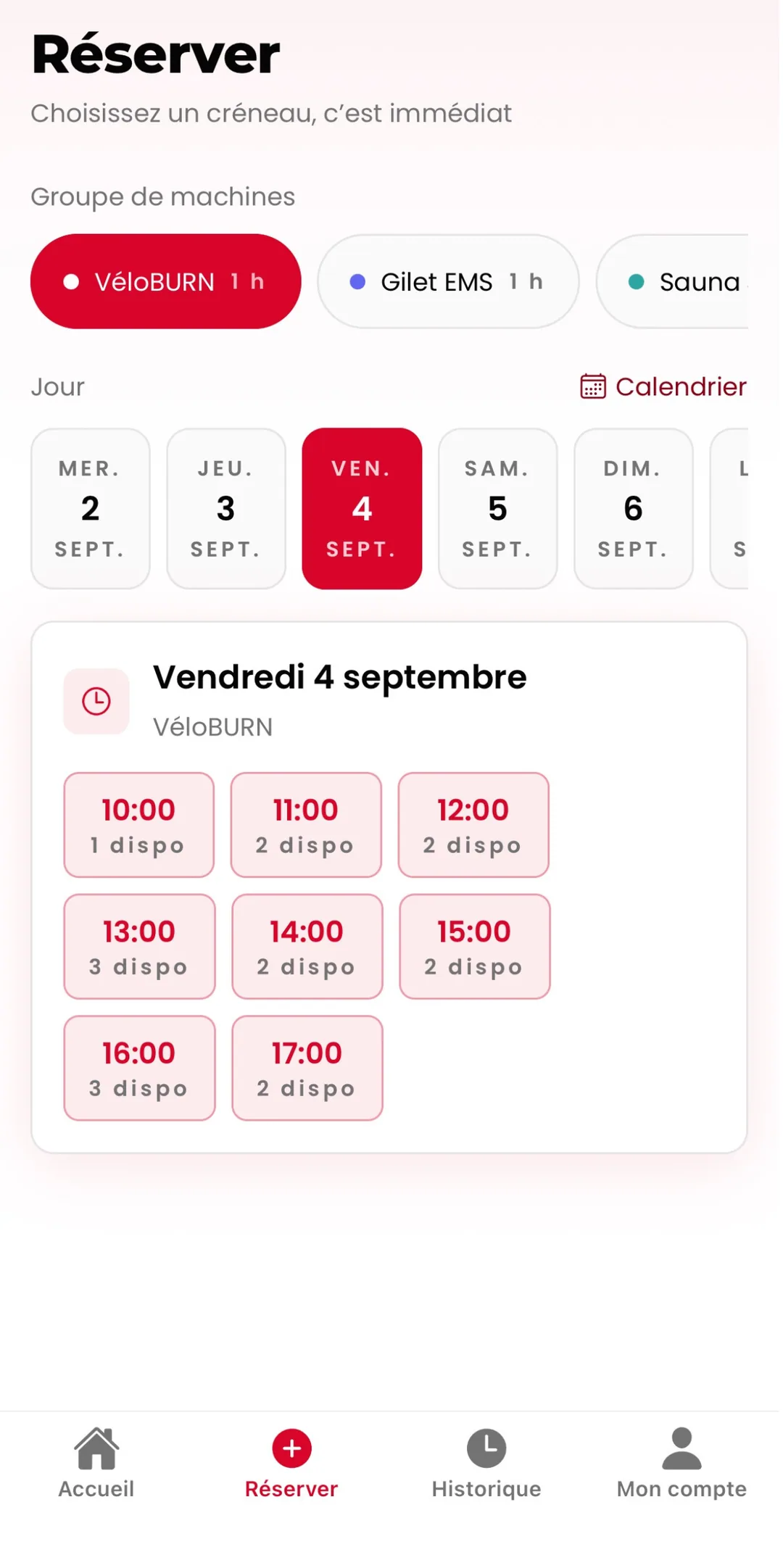 Application BurnStudio+ : choix du créneau, machine par machine